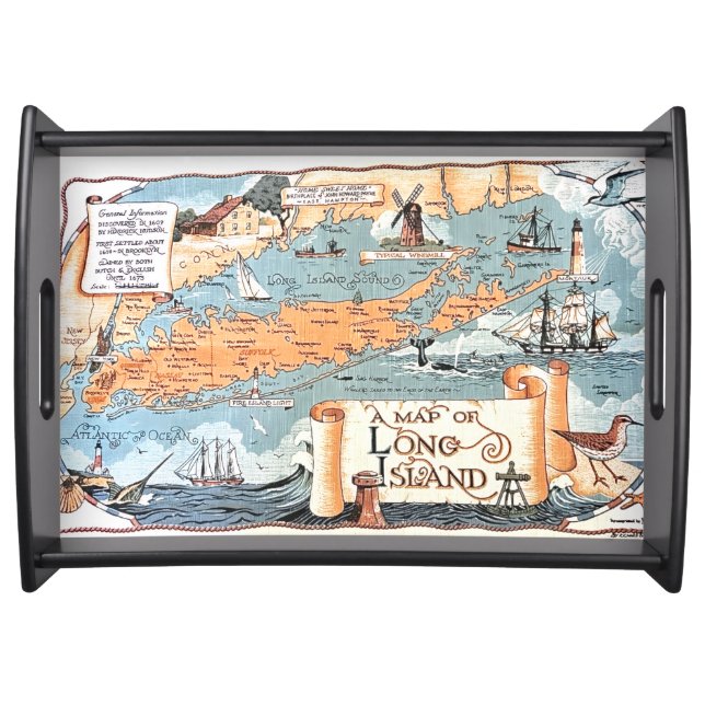 Long Island Illustrated Map Postcard Serving Tray (Front)