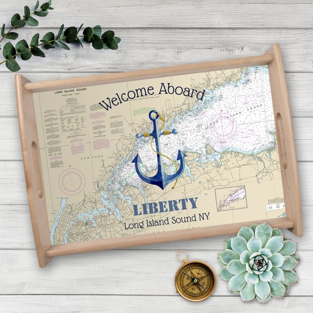 Long Island Sound Authentic Nautical Welcome Serving Tray (Customize Nautical Boutique's authentic nautical Long Island Sound Serving Tray in just a few clicks)