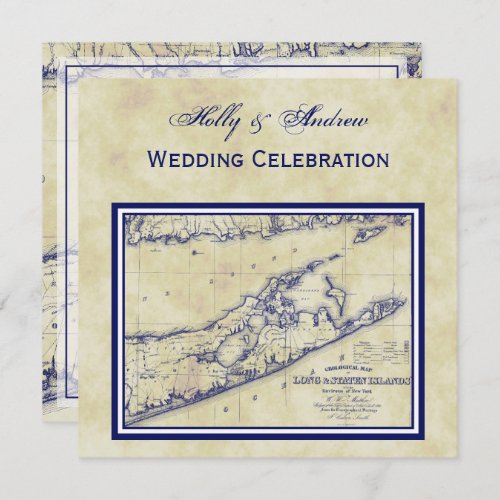 Long Island The Hamptons Map Distressed SQ Wedding Invitation