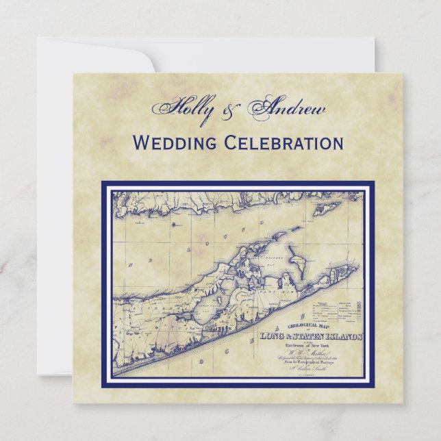Long Island The Hamptons Map Distressed SQ Wedding Invitation (Front)