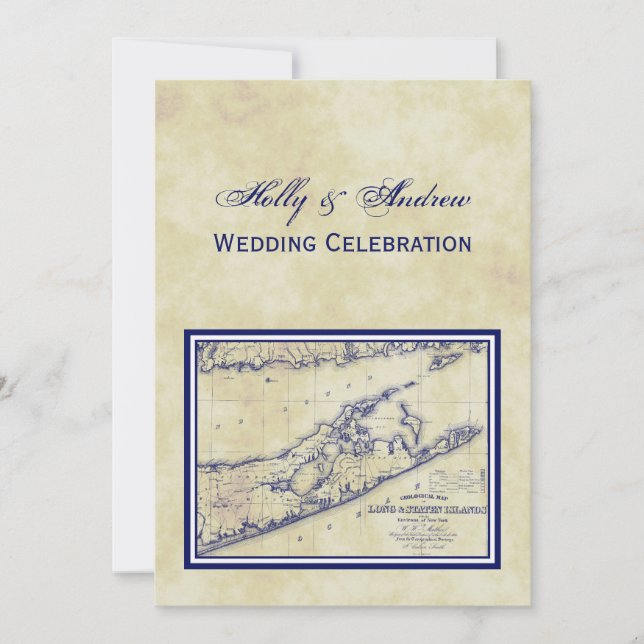 Long Island The Hamptons Map Distressed VC Wedding Invitation (Front)