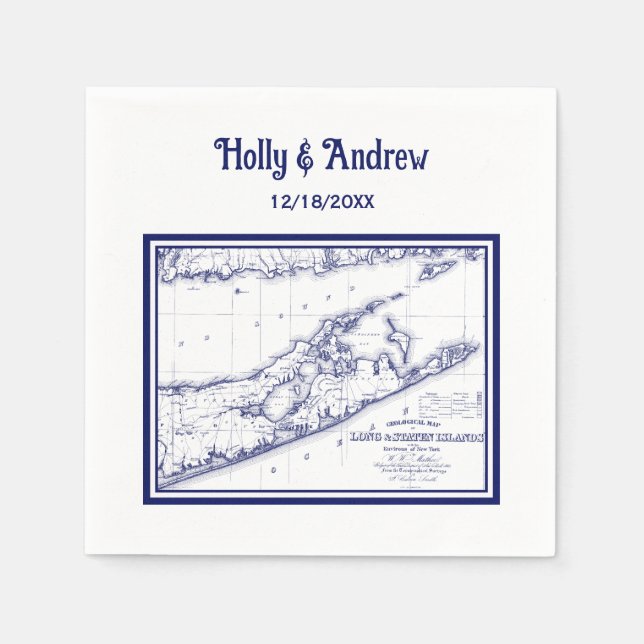 Long Island The Hamptons Map Navy Blue Wedding Paper Napkins (Front)