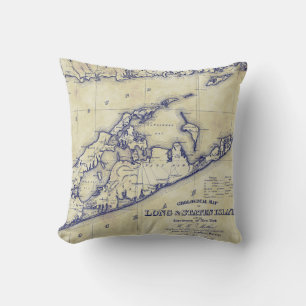 Long Island The Hamptons Map VC Tea Stained Throw Pillow