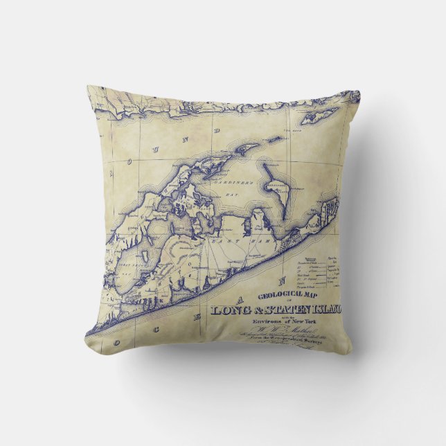 Long Island The Hamptons Map VC Tea Stained Throw Pillow (Front)