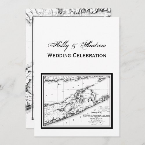 Long Island The Hamptons Map VC Wedding Black Invitation