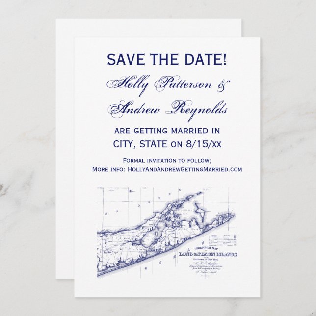 Long Island The Hamptons Map VC Wedding Invitation (Front/Back)