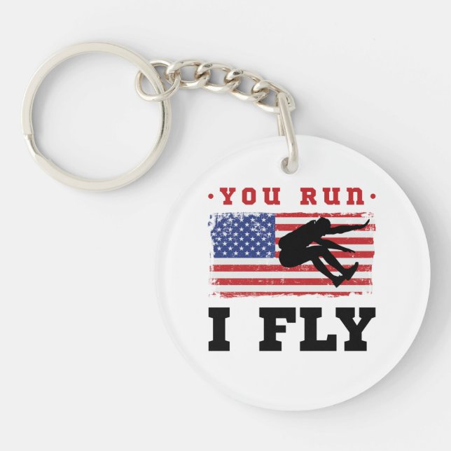 Long Jump American Flag You Run I Fly Keychain (Front)