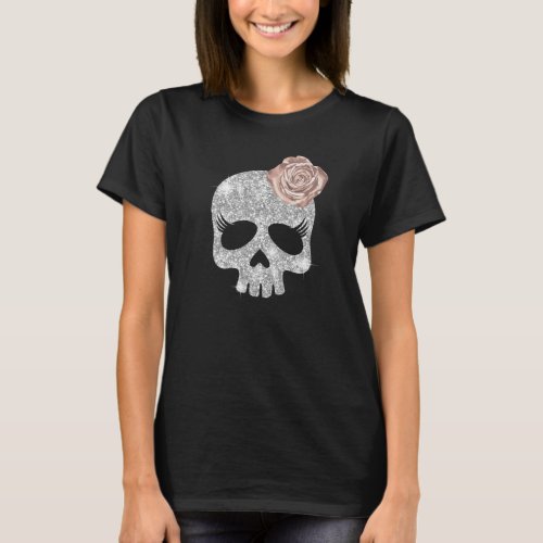 Long Lash Silver Glitter Skull Beauty Rose Flower T_Shirt