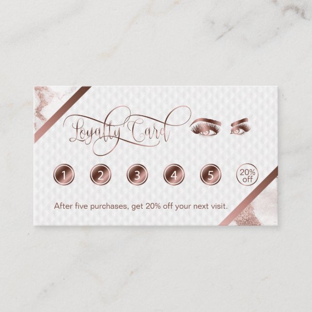 Long Lashes & Brows Makeup Artist Rose Gold Marble Loyalty Card (Front)