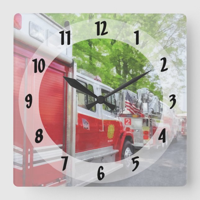 Long Line of Fire Trucks Square Wall Clock (Front)