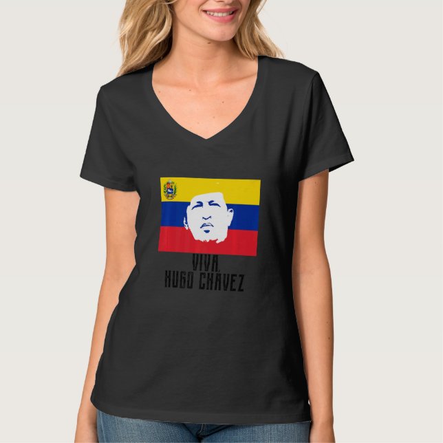 Long Live Hugo Chávez  Face On Flag T-Shirt (Front)