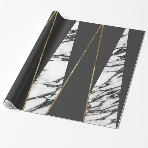Long Modern Marble Black and Gold Triangles Wrapping Paper