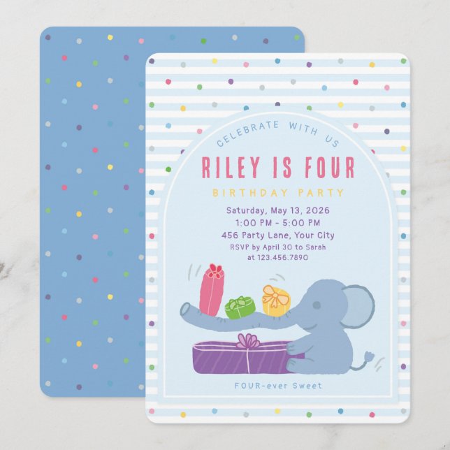 Long-Nosed Elephant & Gifts Birthday Invitation (Front/Back)