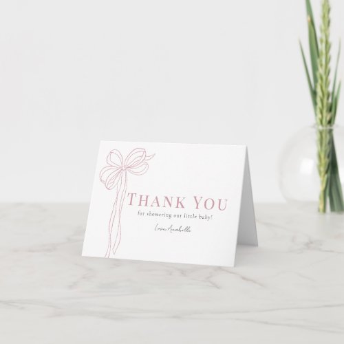 Long Pink Bow Ribbon Girl Baby Shower Thank You Card