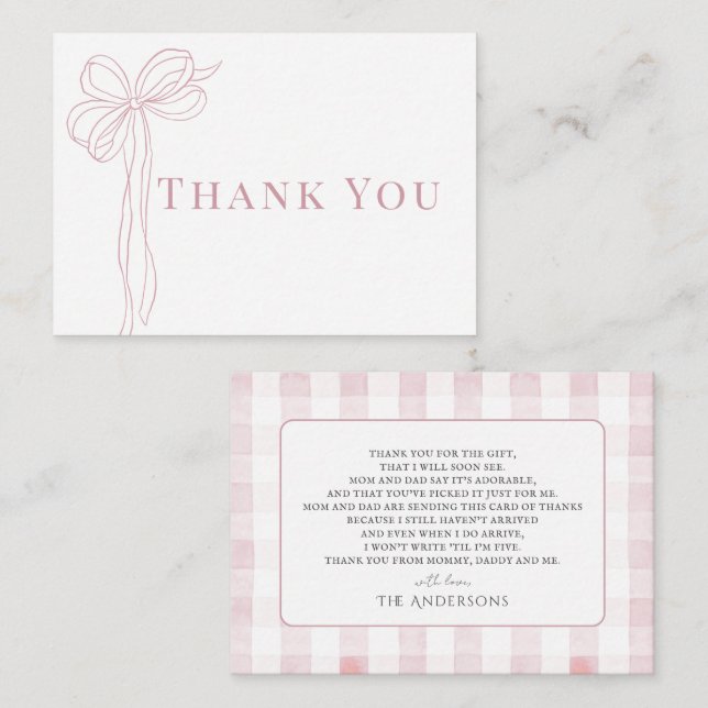 Long Pink Bow Ribbon Girl Baby Shower Thank You Note Card (Front/Back)