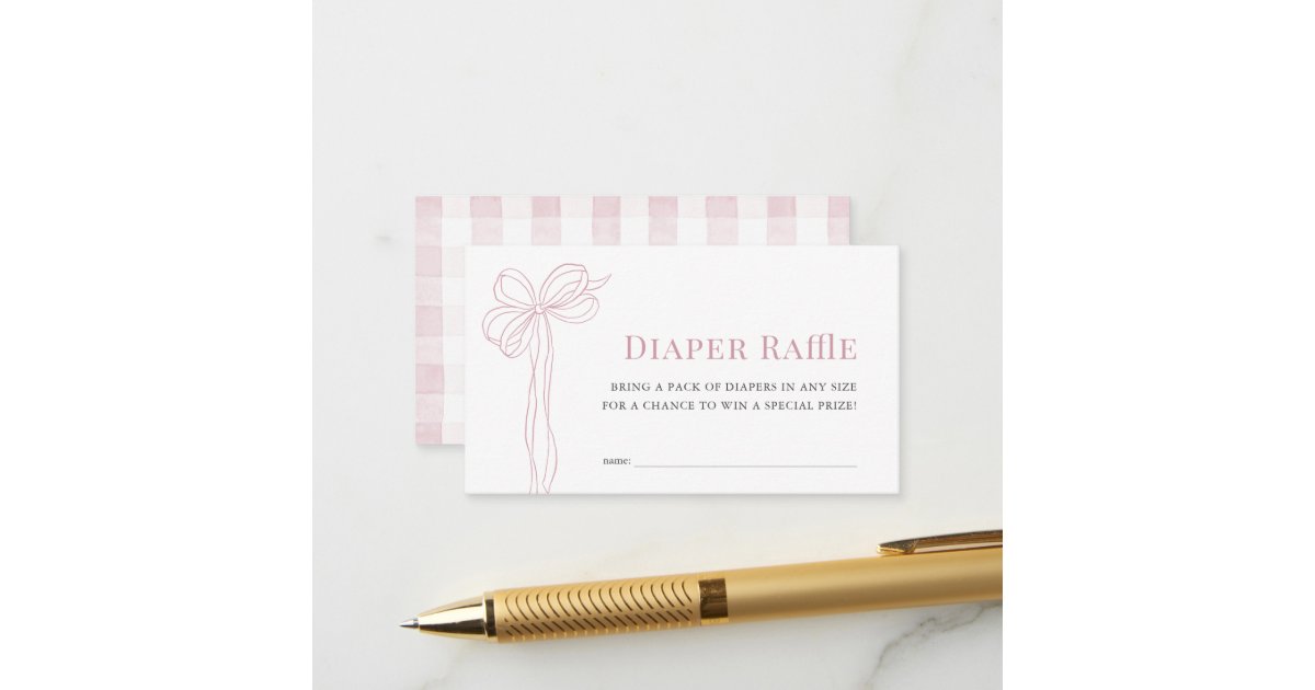 Pink Ribbon G Raffle Long Pink Bow Ribbon Girl Diaper Raffle Ticket Enclosure Card | Zazzle