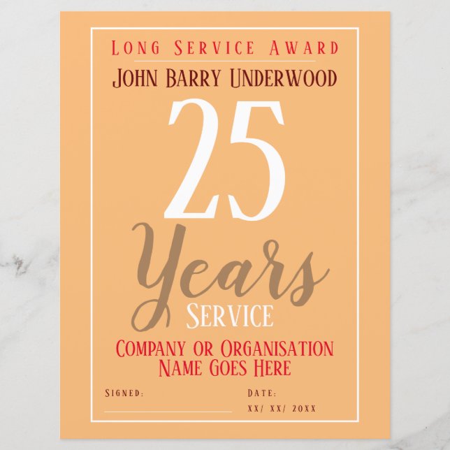 Long Service Award Certificate (Front)