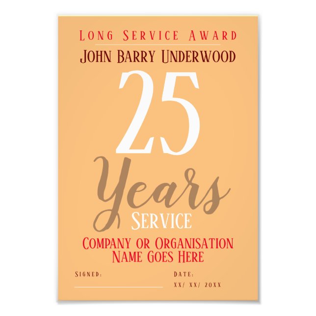 Long Service Award Certificate Photo Print (Front)