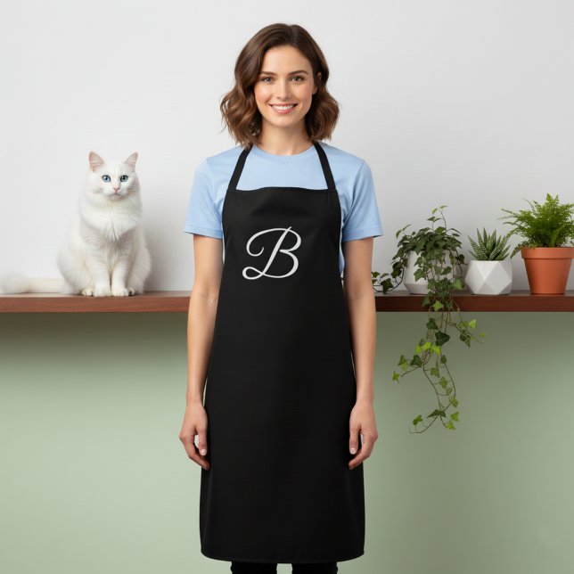Long Solid Black Monogrammed Apron (Black apron with large monogram.)