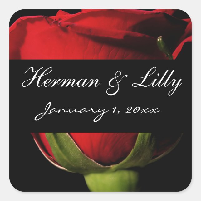 Long Stem Red Rose Personalized Wedding Square Sticker (Front)