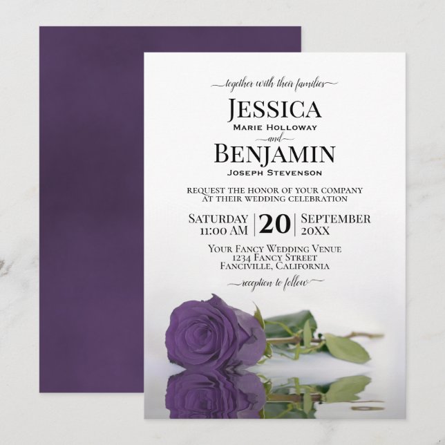 Long Stemmed Amethyst Purple Rose Elegant Wedding Invitation (Front/Back)