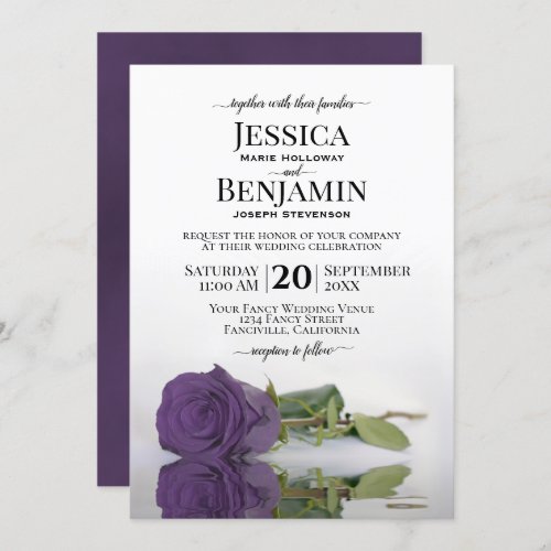 Long Stemmed Amethyst Purple Rose Elegant Wedding Invitation