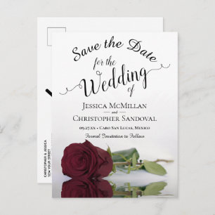 Long-Stemmed Burgundy Rose Wedding Save the Date Announcement Postcard