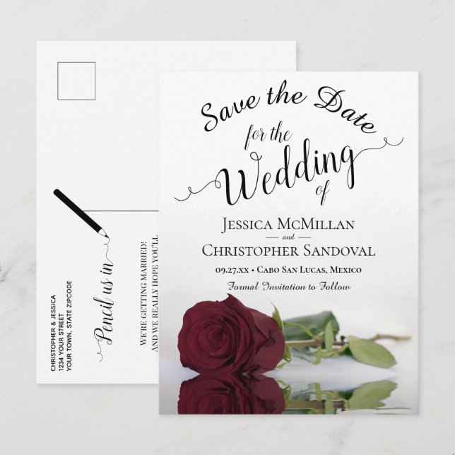Long-Stemmed Burgundy Rose Wedding Save the Date Announcement Postcard (Front/Back)
