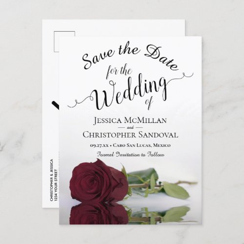 Long_Stemmed Burgundy Rose Wedding Save the Date Announcement Postcard