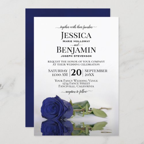Long_Stemmed Dark Navy Blue Rose Elegant Wedding Invitation