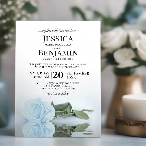 Long_Stemmed Dusty Blue Rose Elegant Wedding Invitation