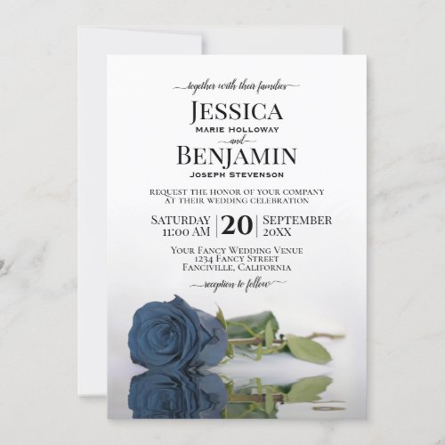 Long Stemmed Dusty Steel Blue Rose Elegant Wedding Invitation