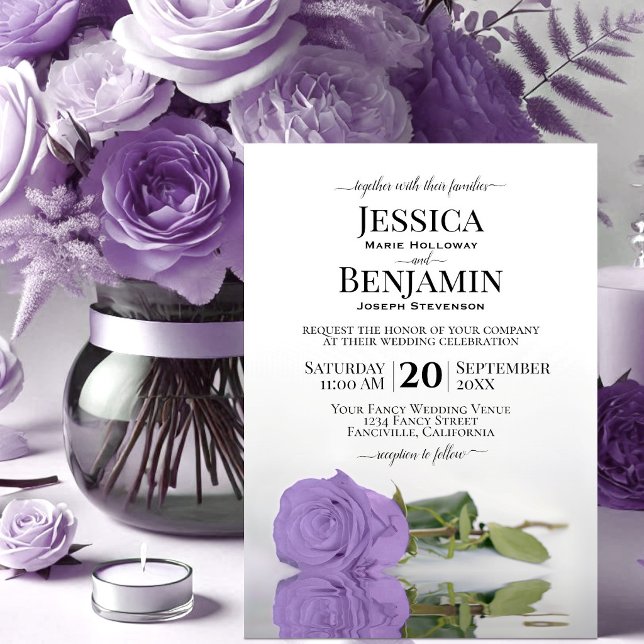 Long Stemmed Lavender Purple Rose Elegant Wedding Invitation (Creator Uploaded)