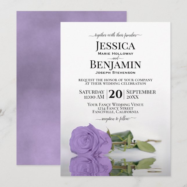 Long Stemmed Lavender Purple Rose Elegant Wedding Invitation (Front/Back)