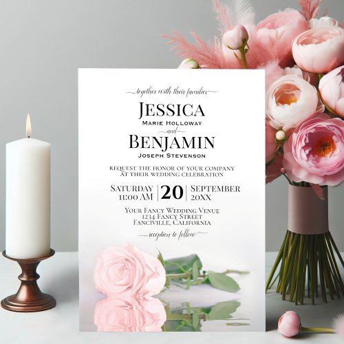 Long Stemmed Pink Rose Elegant Wedding Invitation