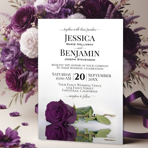 Long Stemmed Plum Purple Rose Elegant Chic Wedding Invitation