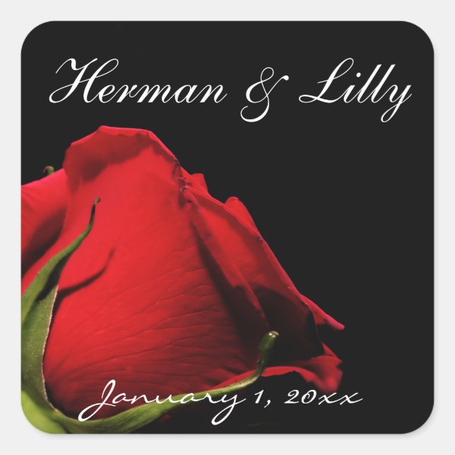 Long Stemmed Red Rose Personalized Wedding Square Sticker (Front)