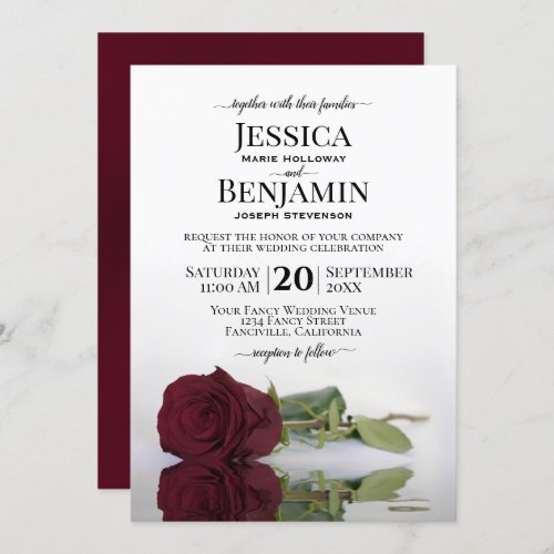 Long Stemmed Romantic Burgundy Rose Chic Wedding Invitation