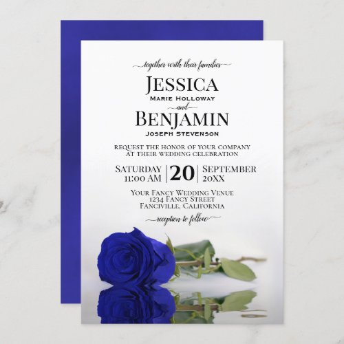 Long Stemmed Royal Blue Rose Elegant Wedding Invitation