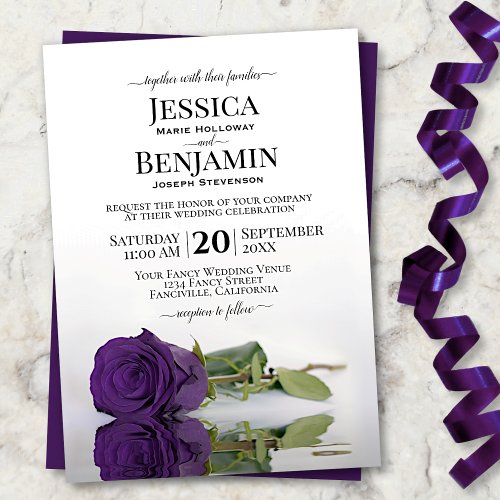 Long Stemmed Royal Purple Rose Elegant Wedding Invitation