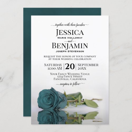 Long_Stemmed Teal Turquoise Rose Elegant Wedding Invitation