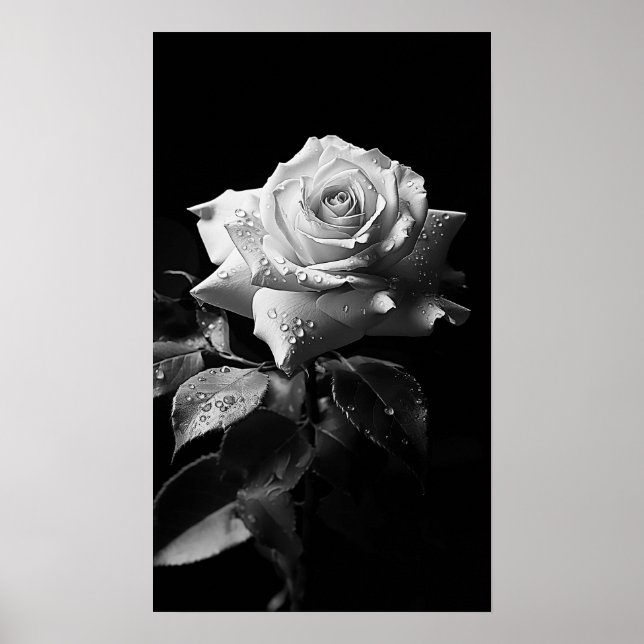 Long-stemmed white rose B&W photo Poster (Front)