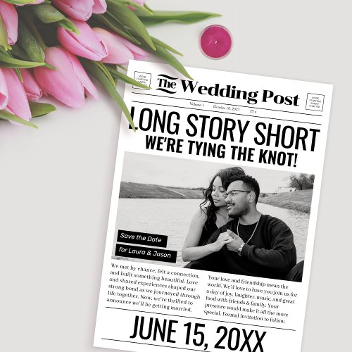 Long Story Short Wedding Save The Date Newspaper  Holiday Card