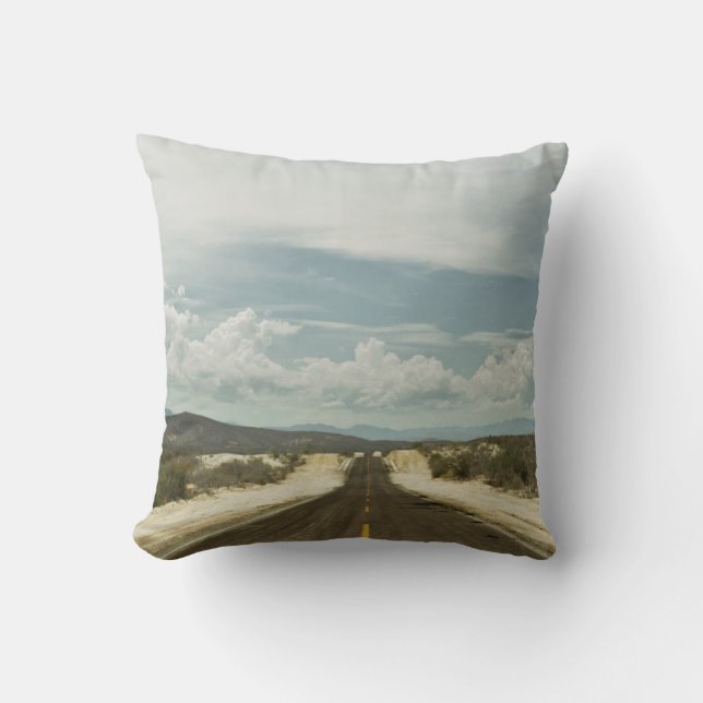 Long Straight Road Through Mexican Baja Landscape Throw Pillow (Front)