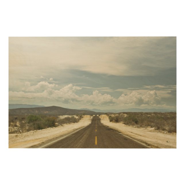 Long Straight Road Through Mexican Baja Landscape Wood Wall Art (Front)
