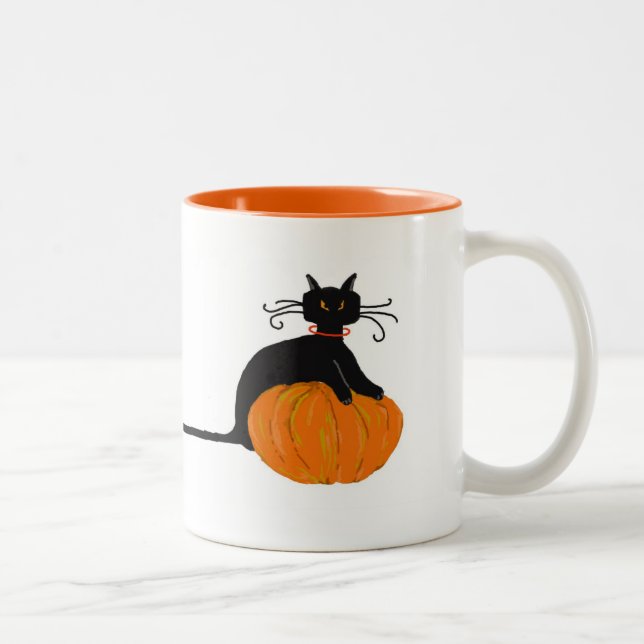Long Tail Halloween Cat Two-Tone Coffee Mug (Right)
