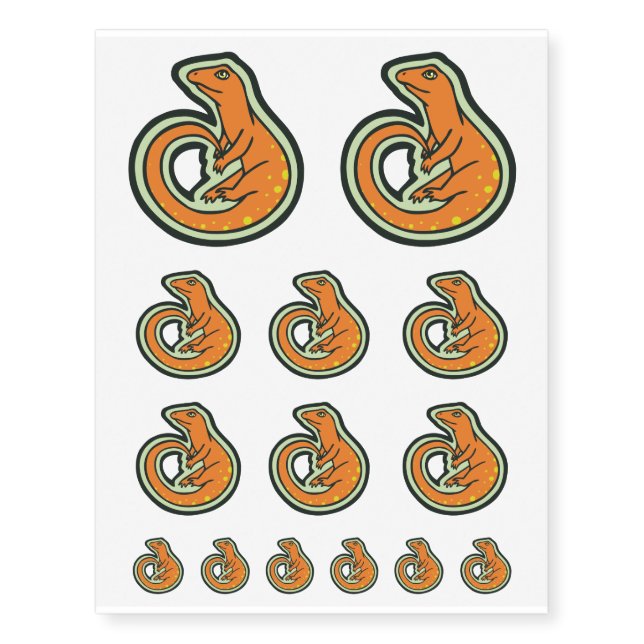 Long Tail Orange Lizard With Spots Drawing Design Temporary Tattoos (Front)