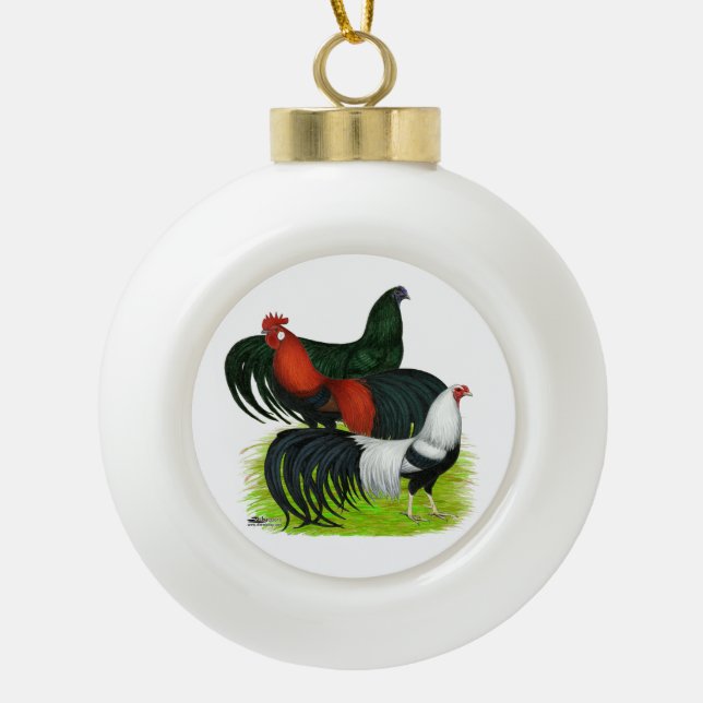 Long-tailed Rooster Trio Ceramic Ball Christmas Ornament (Front)