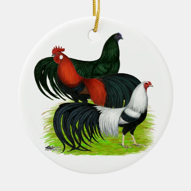 Long-tailed Rooster Trio Ceramic Ornament (Front)