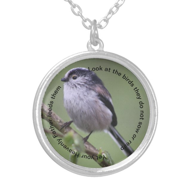 Long Tailed Tit with Bible Verse Silver Plated Necklace (Front)